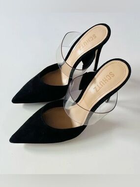 Schutz Sionne Mules Size 6 Black Leather Square Toe Slip-On Heels Minimalist